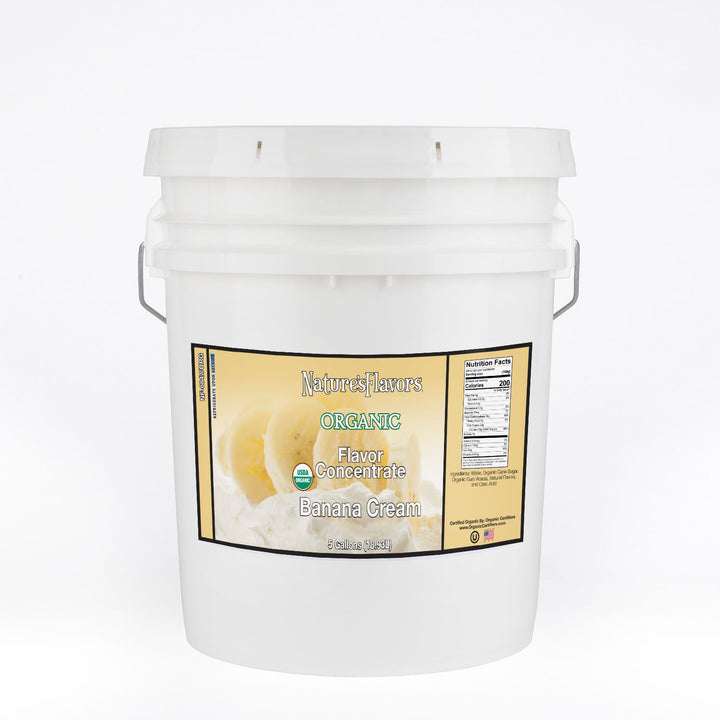 White bucket labeled, "Organic Flavor Concentrate Banana Cream"