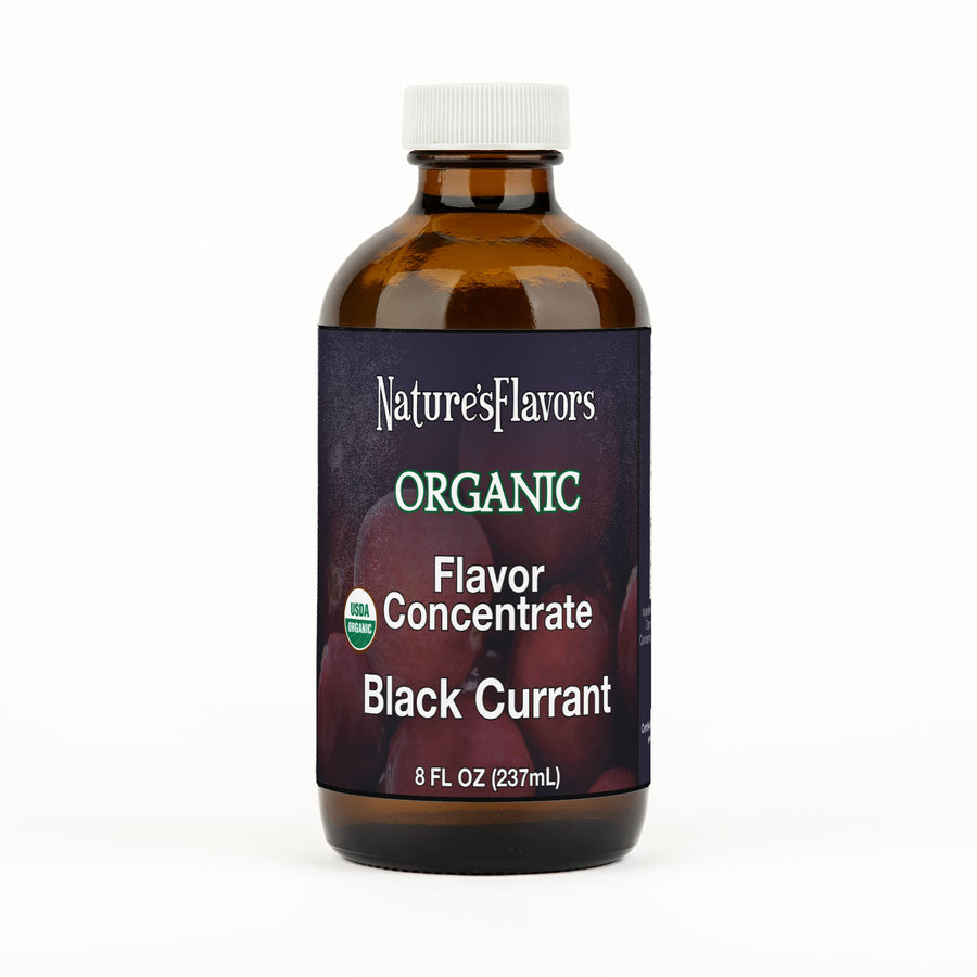 Bottle Labeled, "Organic Flavor Concentrate Black Currant."