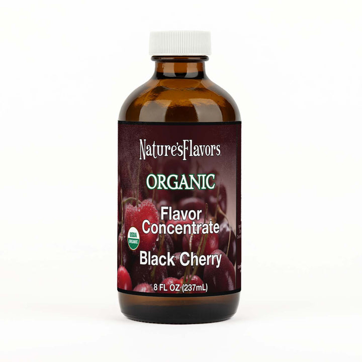 Bottle labeled, "Organic Flavor Concentrate Black Cherry".