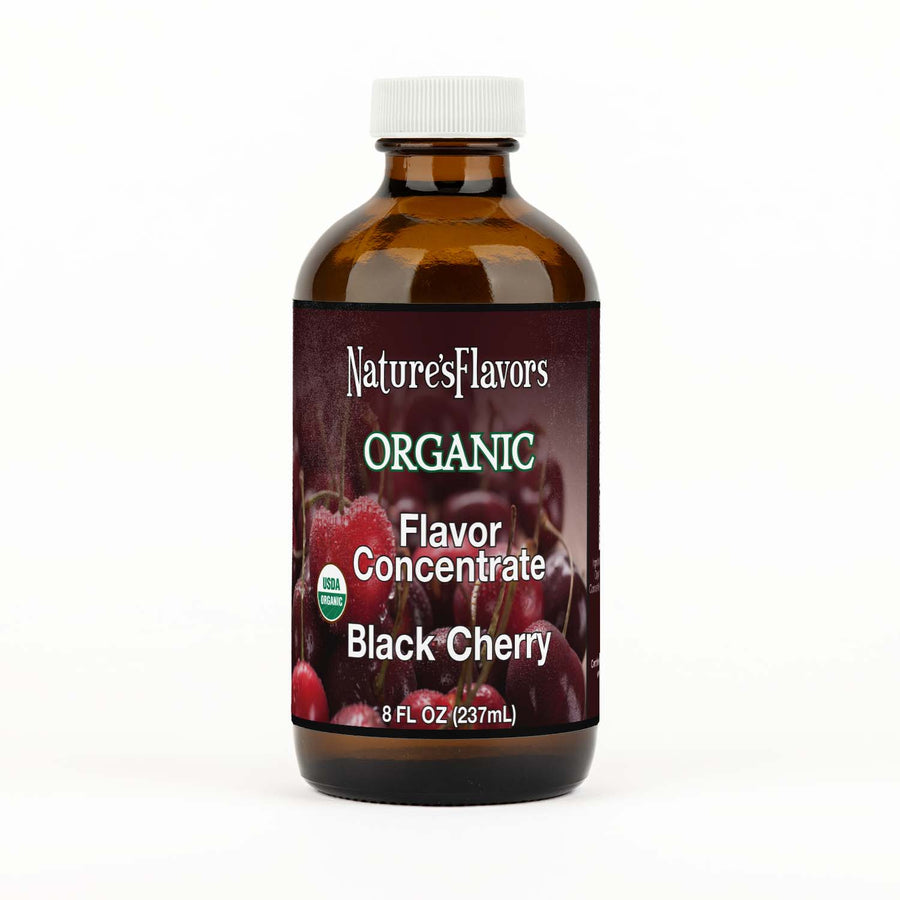 Bottle labeled, "Organic Flavor Concentrate Black Cherry".