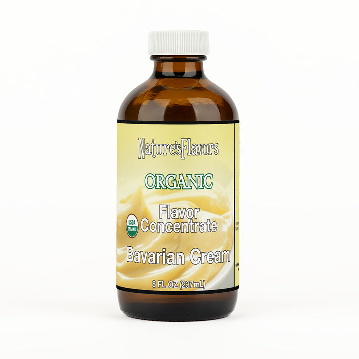 Bottle labeled, "Organic Flavor Concentrate Bavarian Cream"