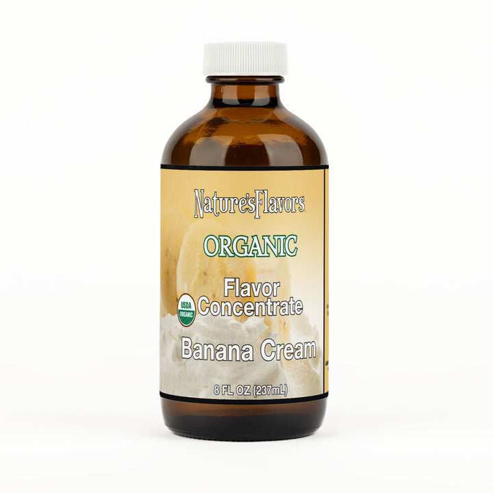 Bottle labeled, "Organic Flavor Concentrate Banana Cream"