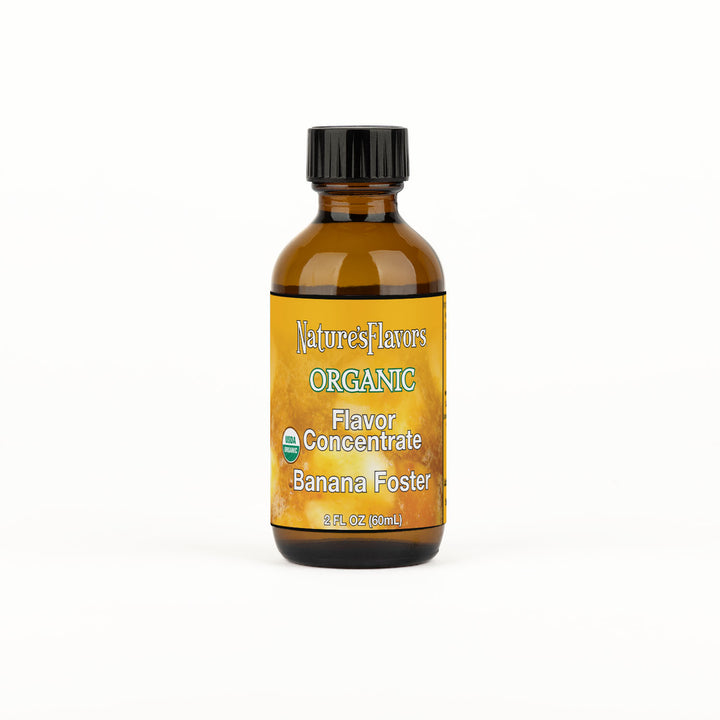 Bottle labeled, "Organic Flavor Concentrate Banana Foster"