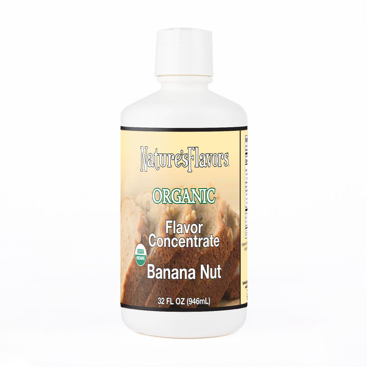 White Bottle Labeled, "Organic Flavor Concentrate Banana Nut".
