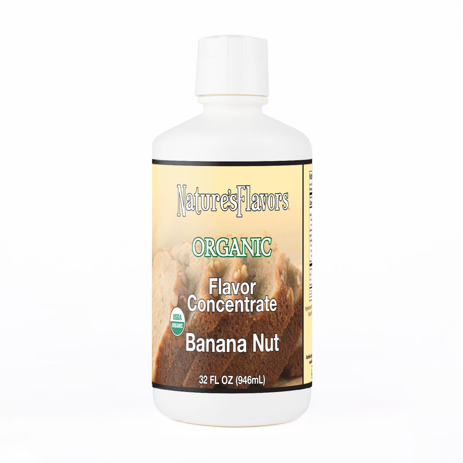 White Bottle Labeled, "Organic Flavor Concentrate Banana Nut".