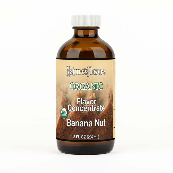 Bottle Labeled, "Organic Flavor Concentrate Banana Nut".