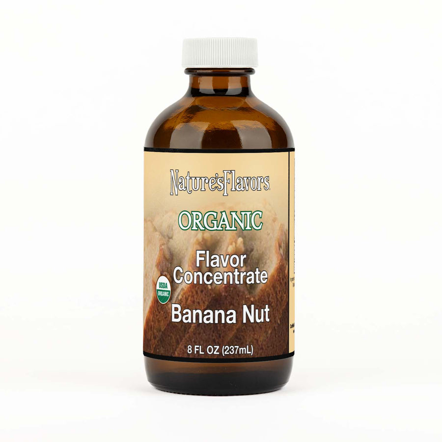 Bottle Labeled, "Organic Flavor Concentrate Banana Nut".