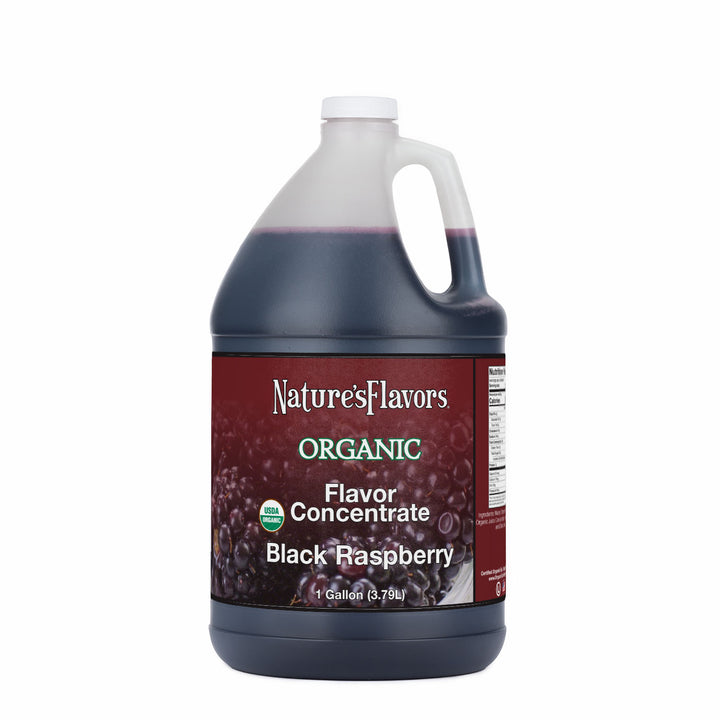 Jug labeled, "Organic Flavor Concentrate Black Raspberry"
