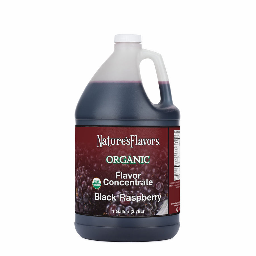 Jug labeled, "Organic Flavor Concentrate Black Raspberry"