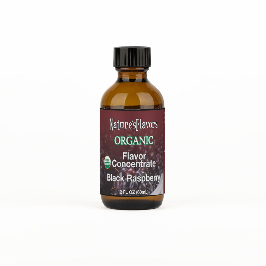 Bottle labeled, "Organic Flavor Concentrate Black Raspberry"