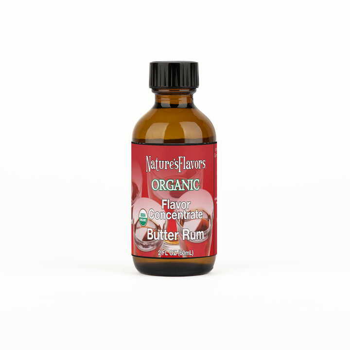 Bottle Labeled, "Organic Flavor Concentrate Butter Rum"