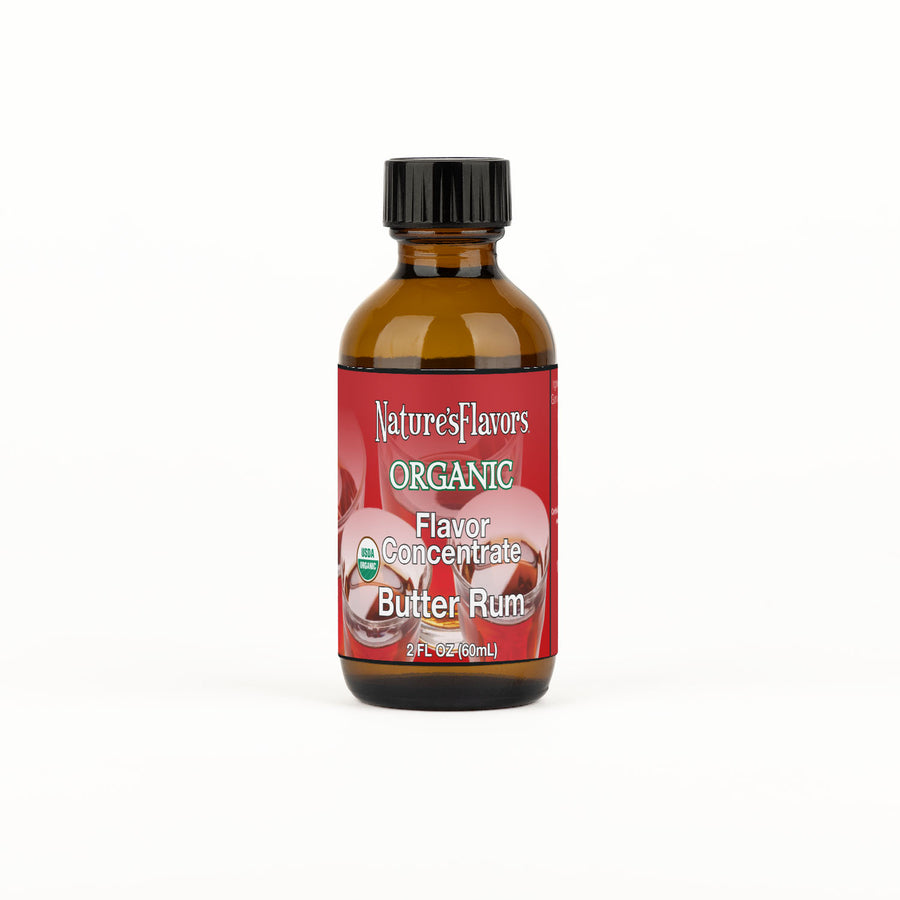 Bottle Labeled, "Organic Flavor Concentrate Butter Rum"