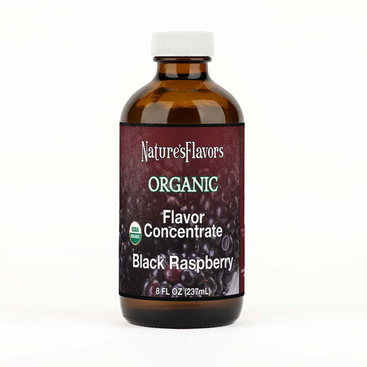 Bottle labeled, "Organic Flavor Concentrate Black Raspberry"