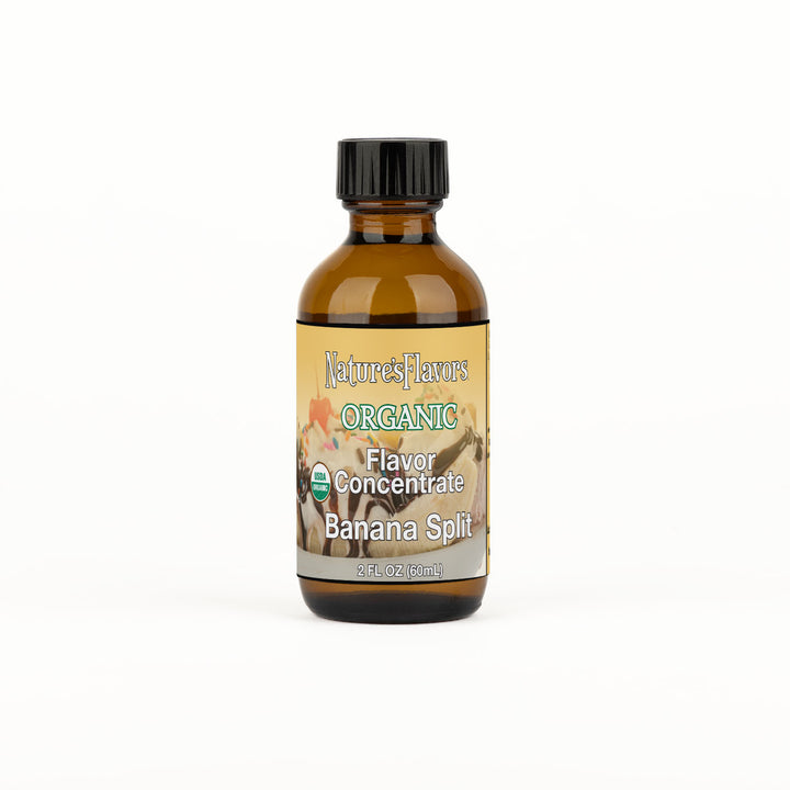 Bottle Labeled, "Organic Flavor Concentrate Banana Split"