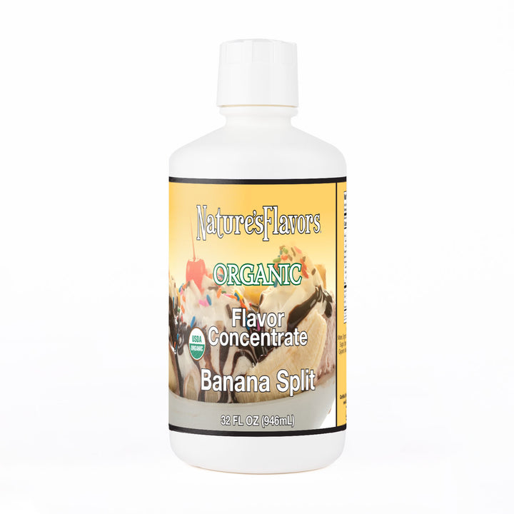 White Bottle Labeled, "Organic Flavor Concentrate Banana Split"