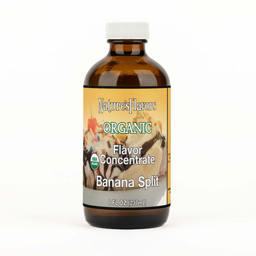 Bottle Labeled, "Organic Flavor Concentrate Banana Split"
