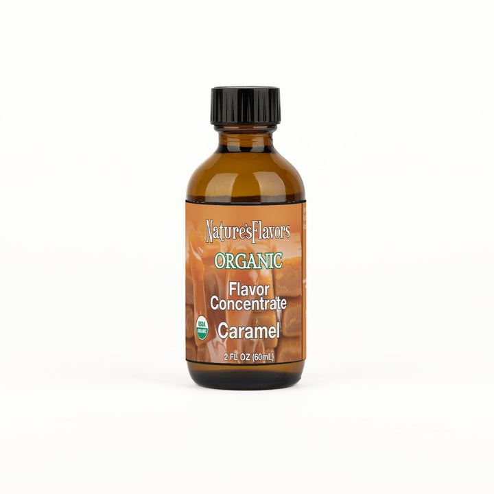 Bottle Labeled, "Organic Flavor Concentrate Caramel"