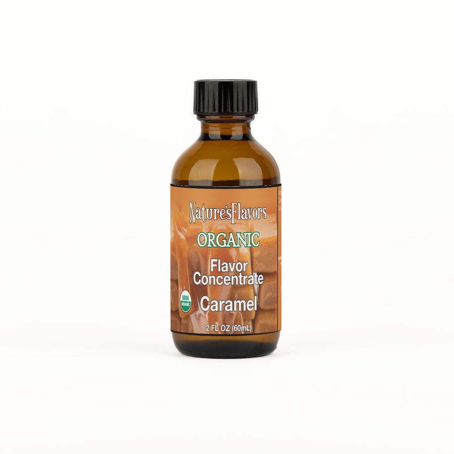 Bottle Labeled, "Organic Flavor Concentrate Caramel"