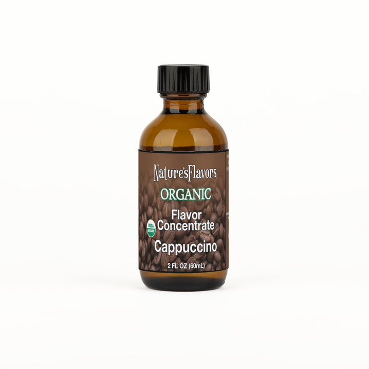 Bottle labeled, "Organic Flavor Concentrate Cappuccino"