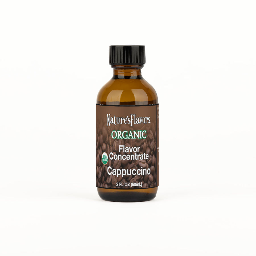 Bottle labeled, "Organic Flavor Concentrate Cappuccino"
