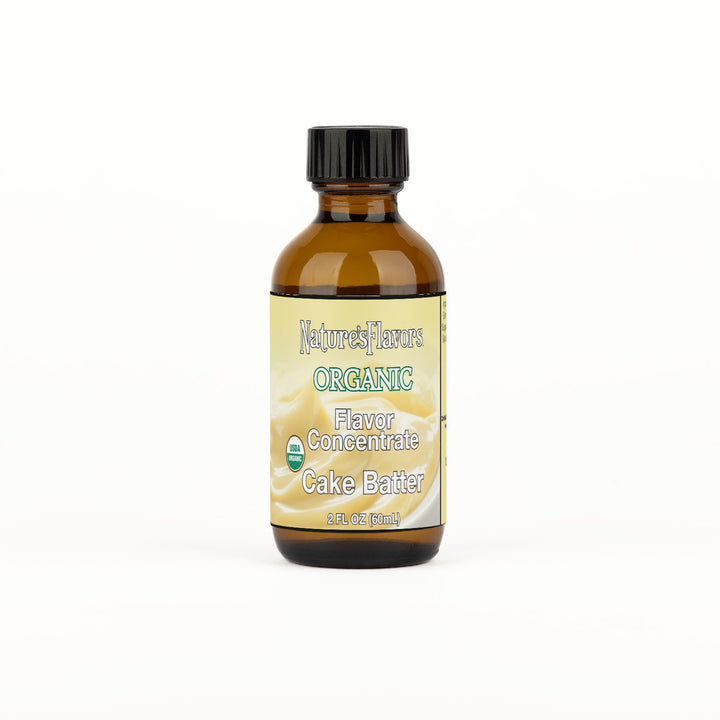 Bottle Labeled, "Organic Flavor Concentrate Cake Batter"