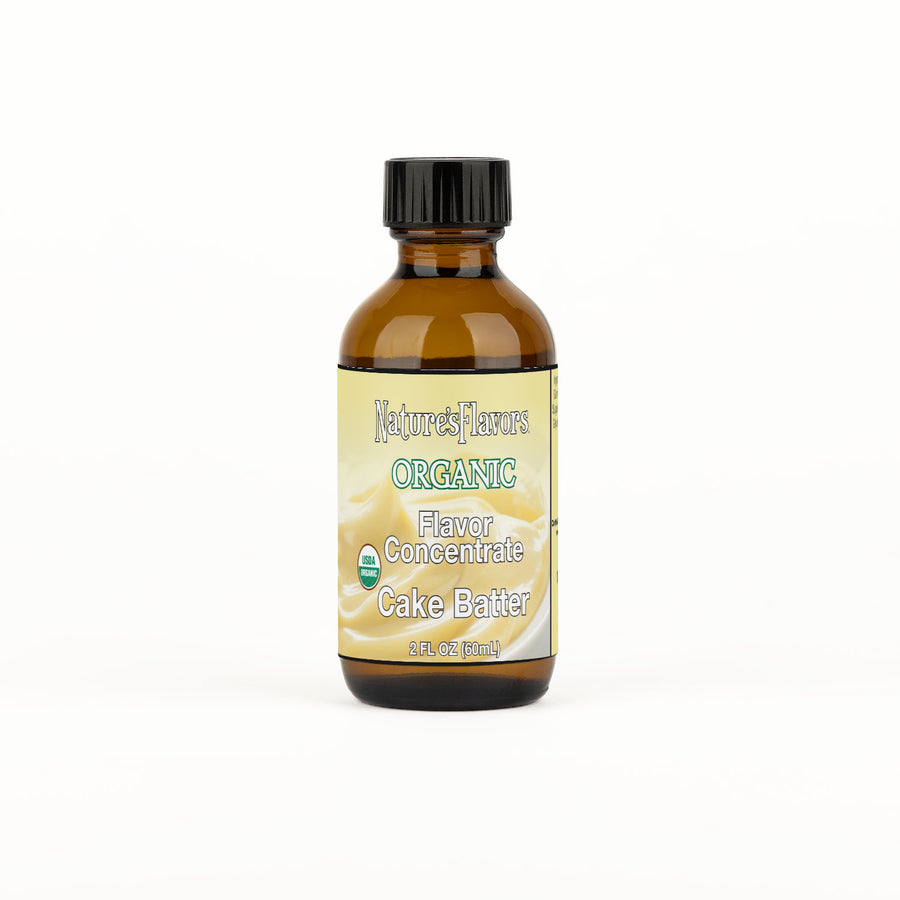 Bottle Labeled, "Organic Flavor Concentrate Cake Batter"