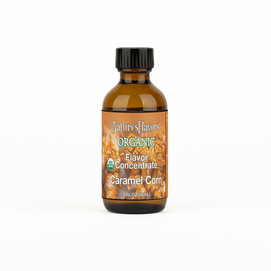 Bottle Labeled, "Organic Flavor Concentrate Caramel Corn"