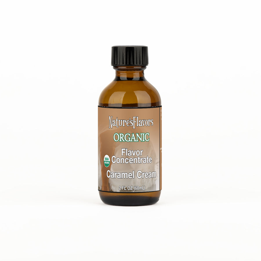 Bottle labeled, "Organic Flavor Concentrate Caramel Cream"