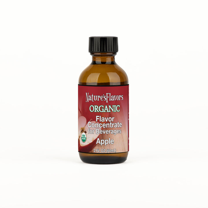 Bottle labeled, "Organic Flavor Concentrate for Beverages Apple"