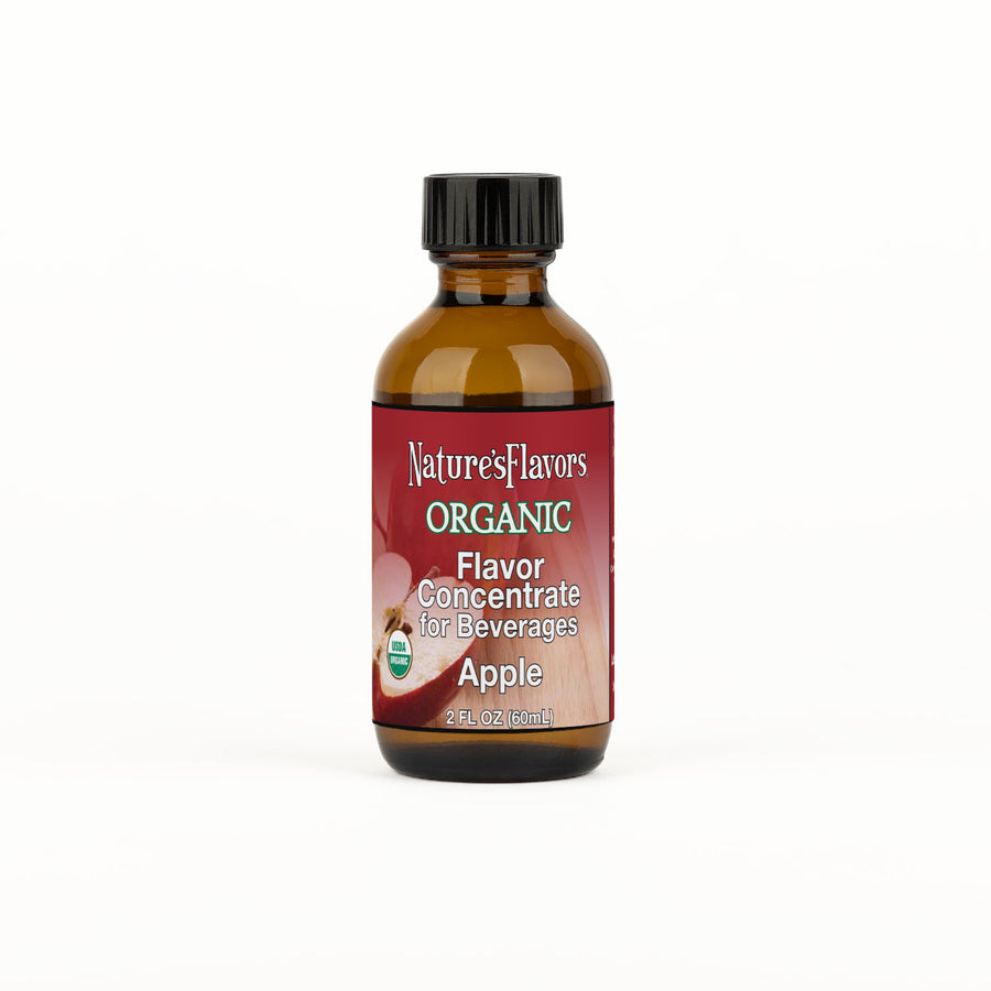 Bottle labeled, "Organic Flavor Concentrate for Beverages Apple"