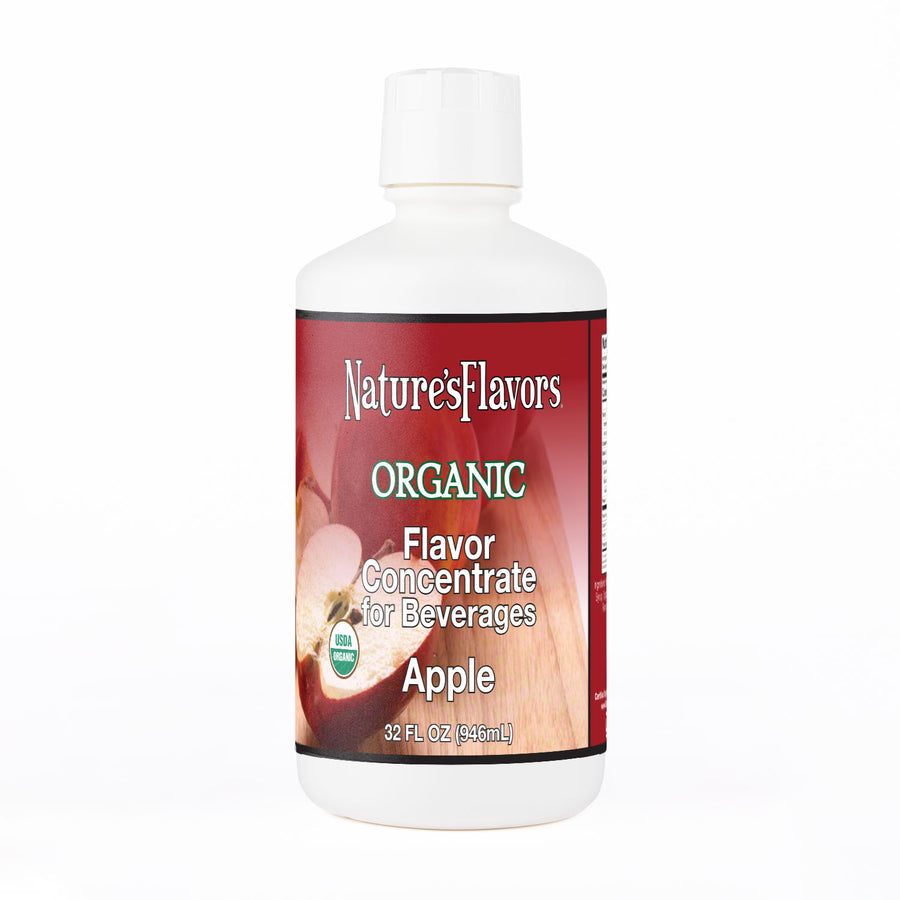 White Bottle labeled, "Organic Flavor Concentrate for Beverages Apple"