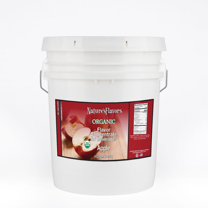 Bucket labeled, "Organic Flavor Concentrate for Beverages Apple"