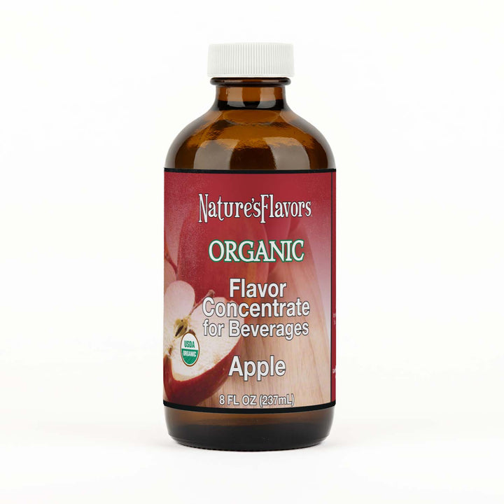 Bottle labeled, "Organic Flavor Concentrate for Beverages Apple"