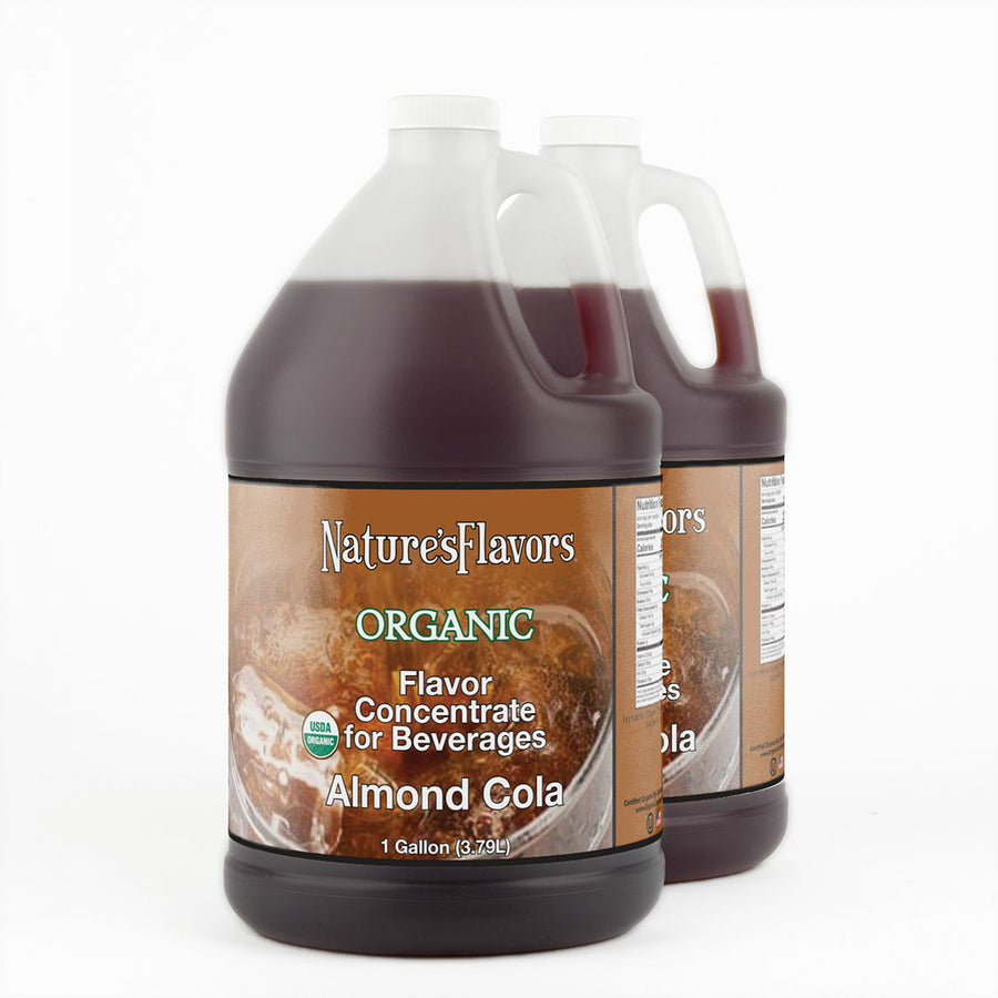 2 Jugs labeled, "Organic Flavor Concentrate for Beverages Almond Cola".