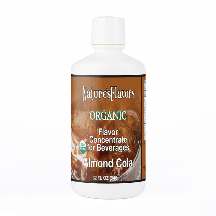 White Bottle labeled, "Organic Flavor Concentrate for Beverages Almond Cola".
