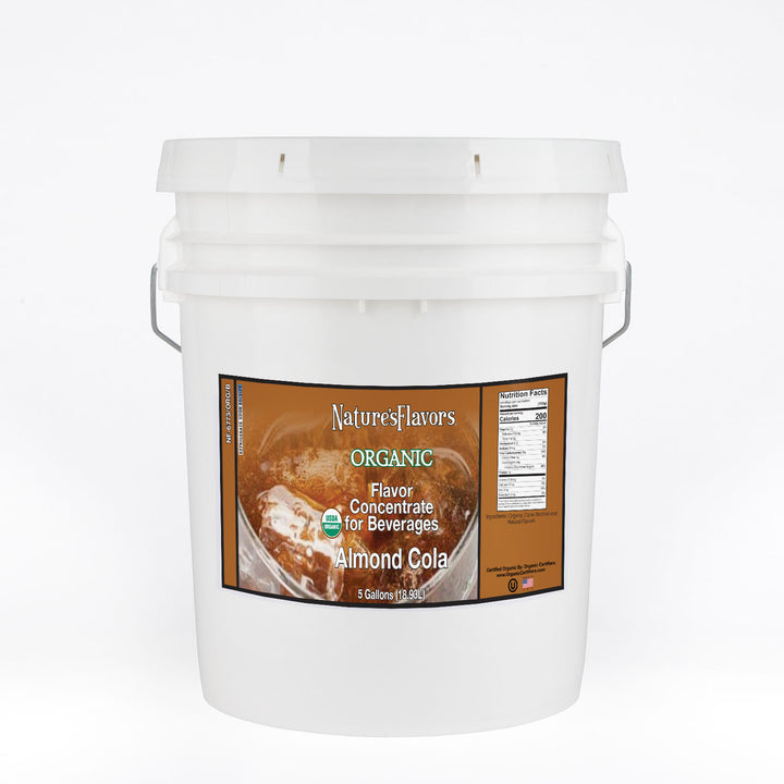 White Bucket Labeled, "Organic Flavor Concentrate for Beverages Almond Cola".