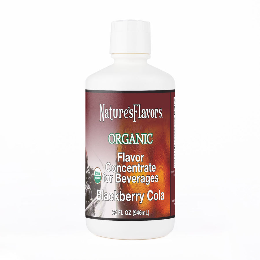 White Bottle Labeled, "Organic Flavor Concentrate for Beverages Blackberry Cola."