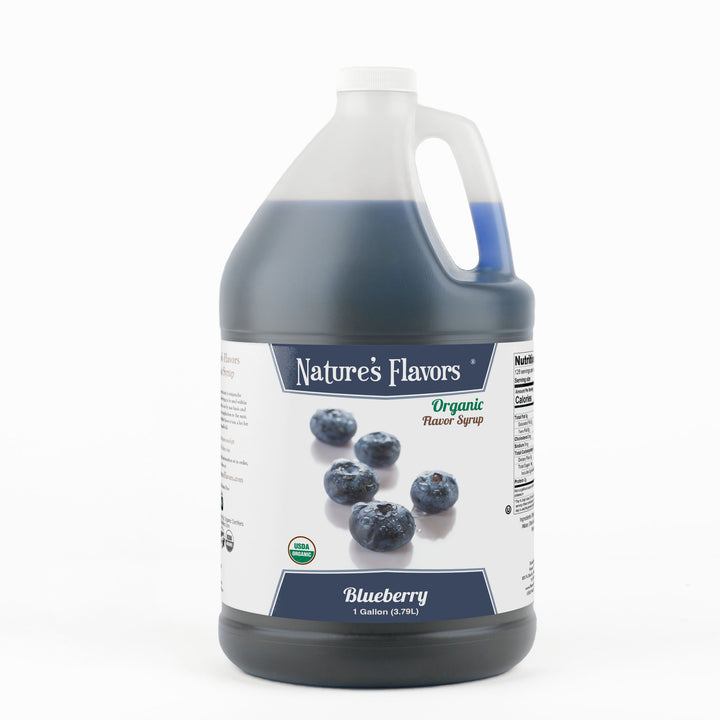 Jug labeled, "Organic Flavor Syrup Blueberry"