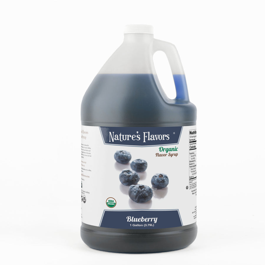 Jug labeled, "Organic Flavor Syrup Blueberry"