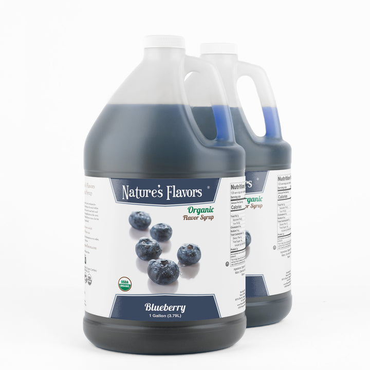 2 Jugs labeled, "Organic Flavor Syrup Blueberry"