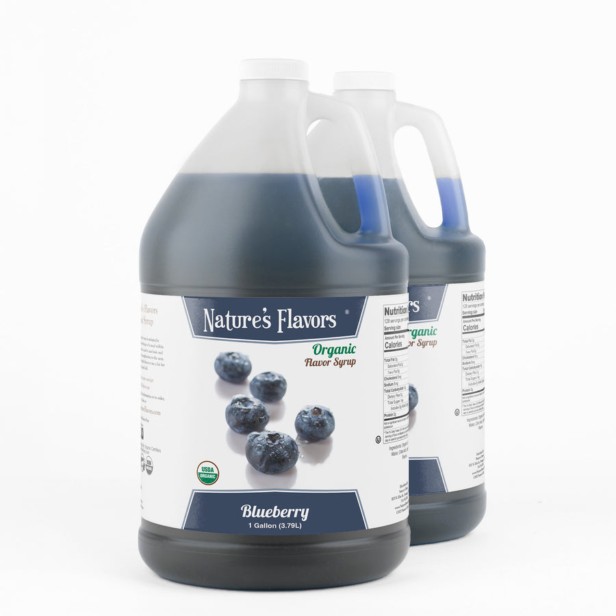 2 Jugs labeled, "Organic Flavor Syrup Blueberry"