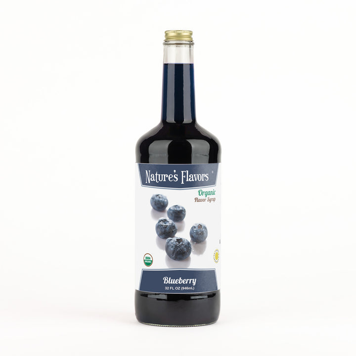 Bottle labeled, "Organic Flavor Syrup Blueberry"
