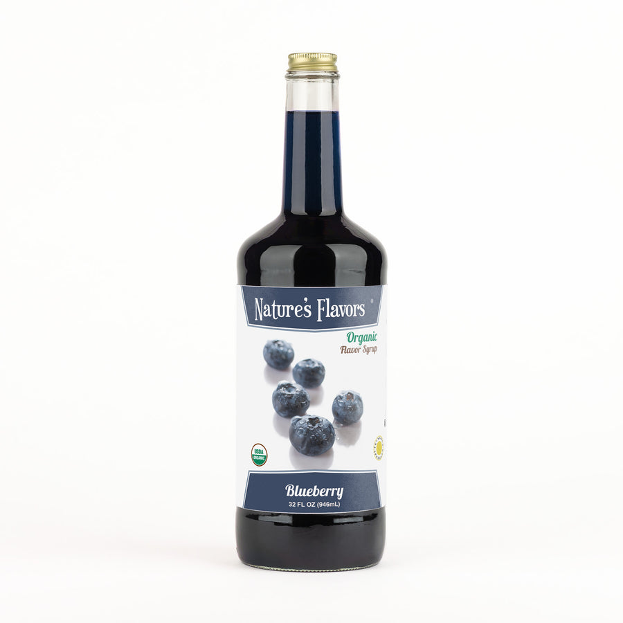 Bottle labeled, "Organic Flavor Syrup Blueberry"