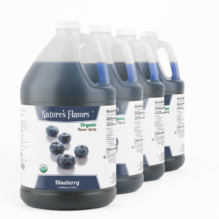 4 Jugs labeled, "Organic Flavor Syrup Blueberry"