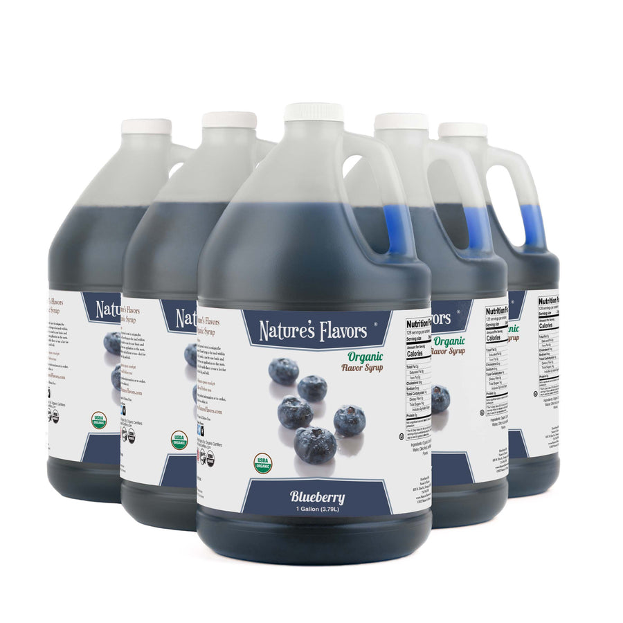 5 Jugs labeled, "Organic Flavor Syrup Blueberry"
