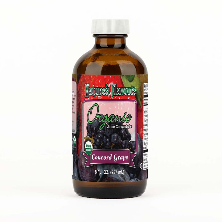 Bottle Labeled, "Organic Juice Concentrate Concord Grape."