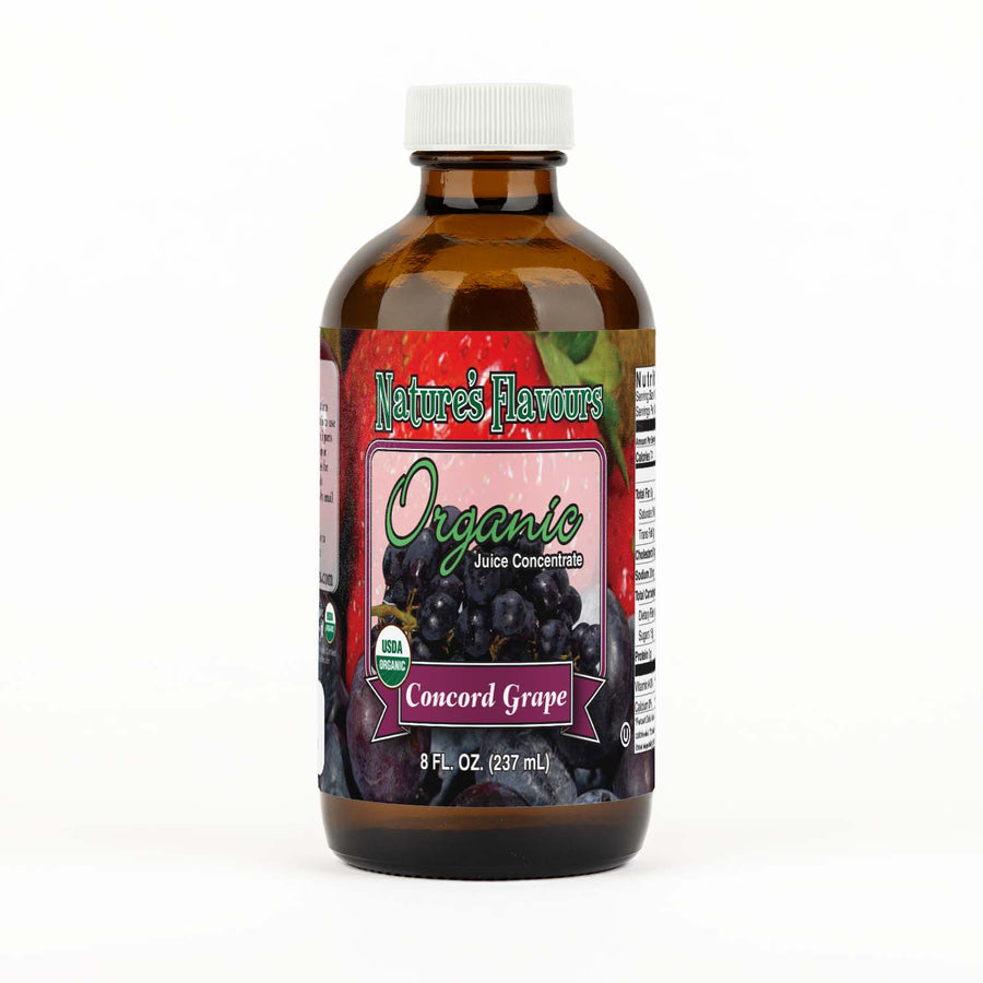 Bottle Labeled, "Organic Juice Concentrate Concord Grape."
