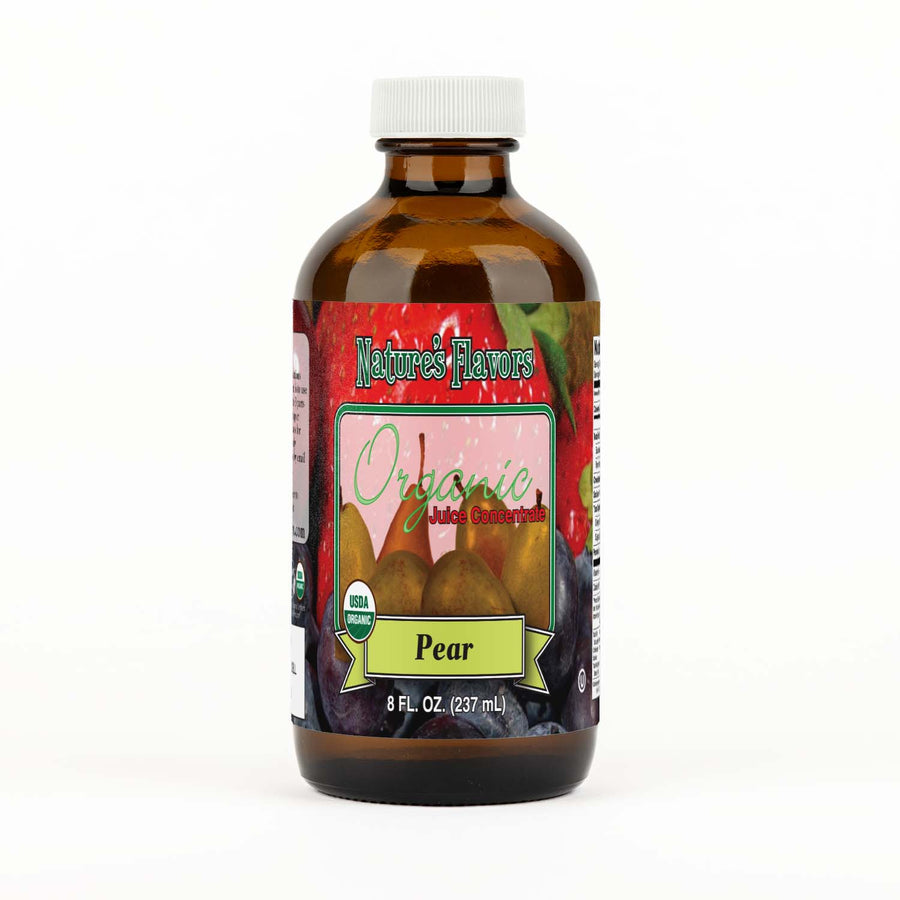 Bottle Labeled, "Organic Juice Concentrate Pear"