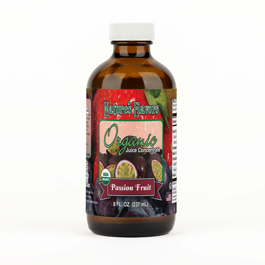 Bottle Labeled, "Organic Juice Concentrate Passion Fruit"