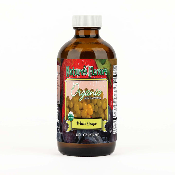Bottle labeled, "Organic Juice Concentrate White Grape"